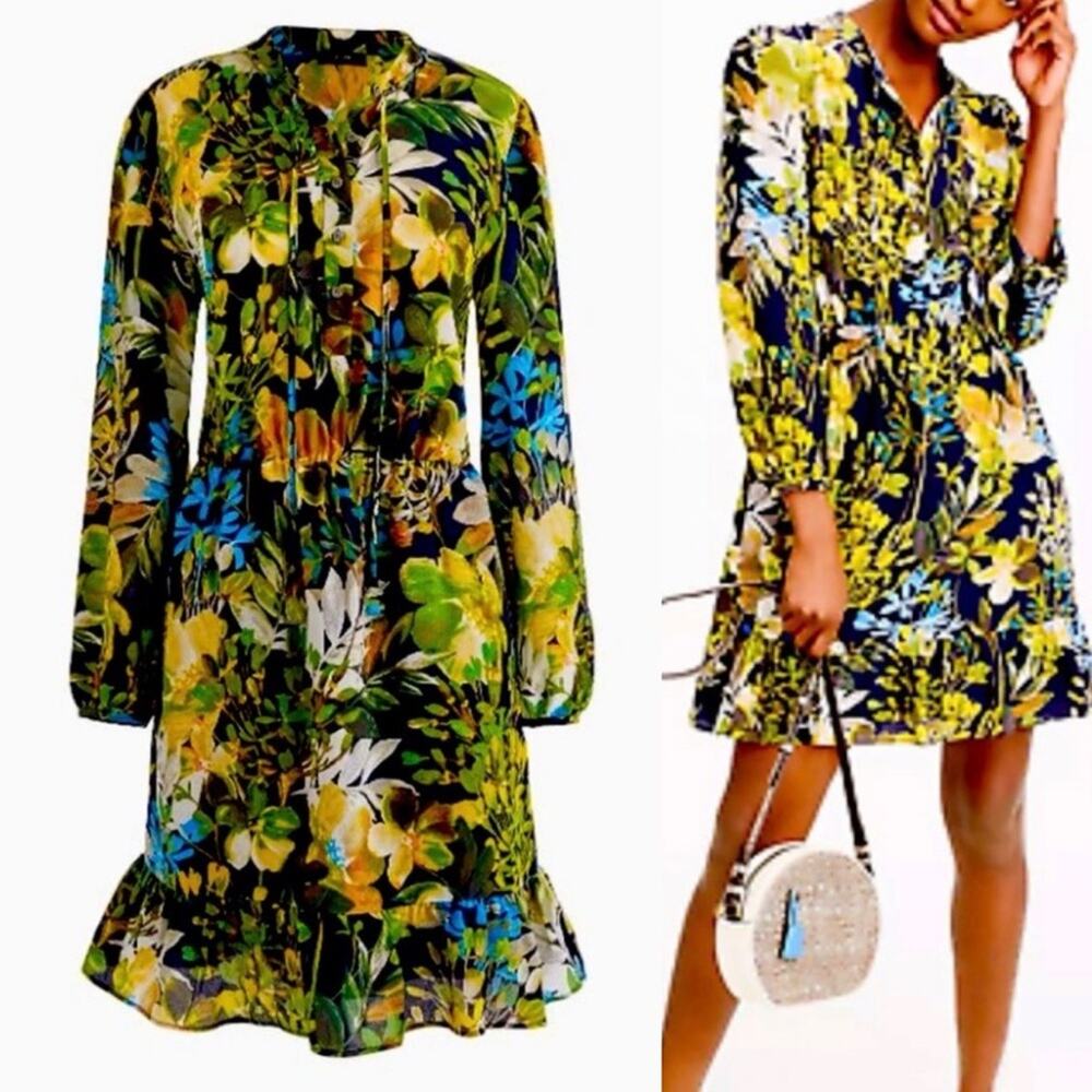 J. Crew Silk Watercolor Blue Green Jungle Floral Dress Long Sleeve S 100% Silk